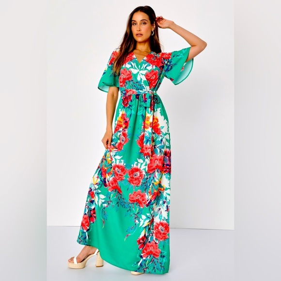 Lulus Still In Paradise Green Floral Print Maxi Dress size M - Picture 1 of 2